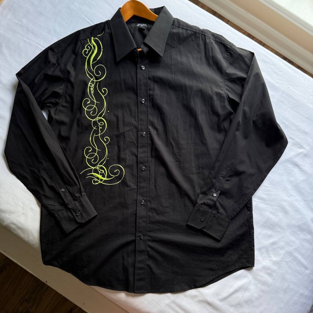 Sean John Mens XXL Button Down Shirt Lime Green Embroidered Y2K 90s Dirty South